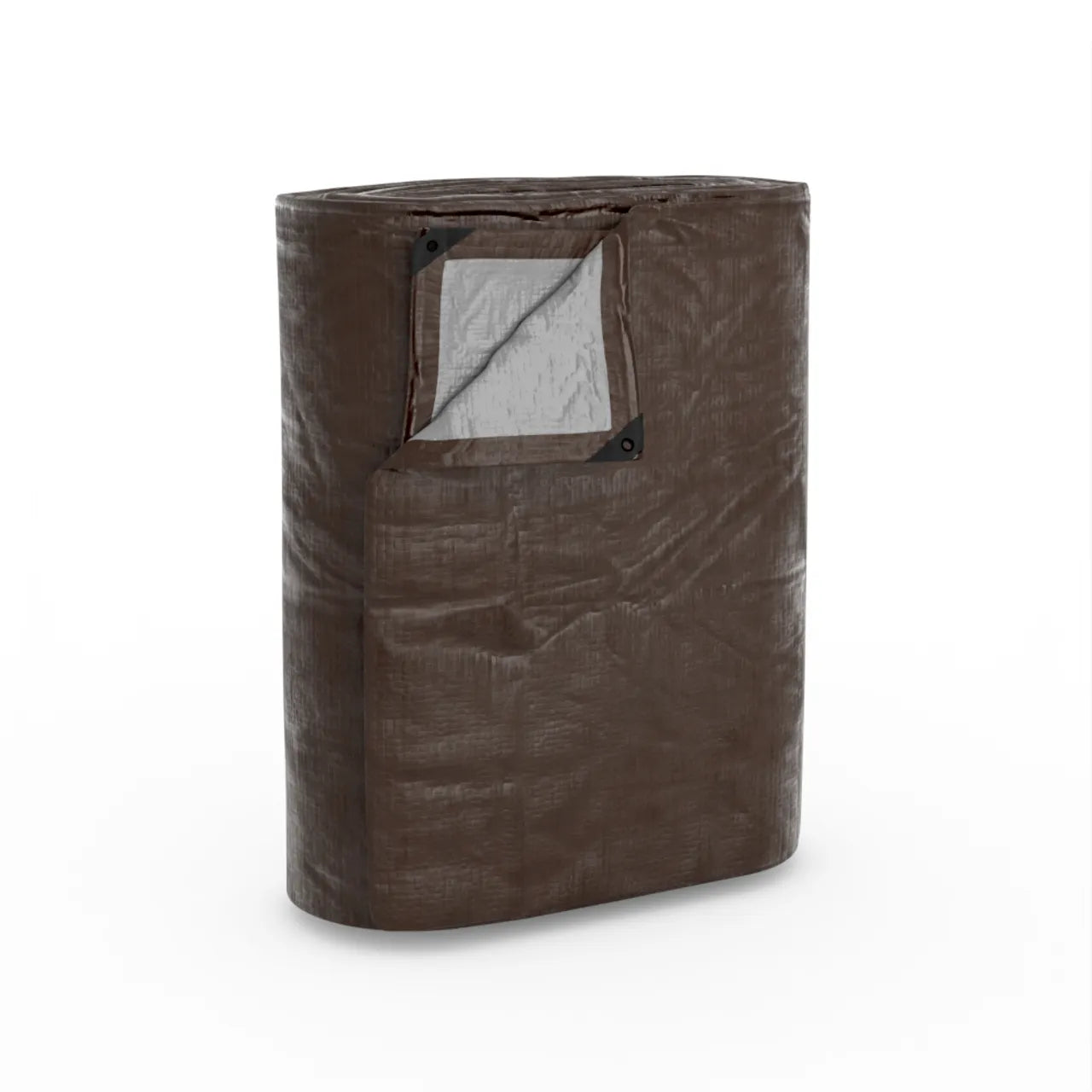 The Go Build 16 ft. x 20 ft. Heavy Duty Tarp in brown/silver is shown cylindrical with a partially open rectangular flap revealing a transparent section underneath, all set against a plain white background.